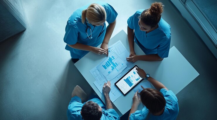 Foto profissionais médicos colaborando em torno de uma mesa analisando dados e relatórios em uma saúde moderna