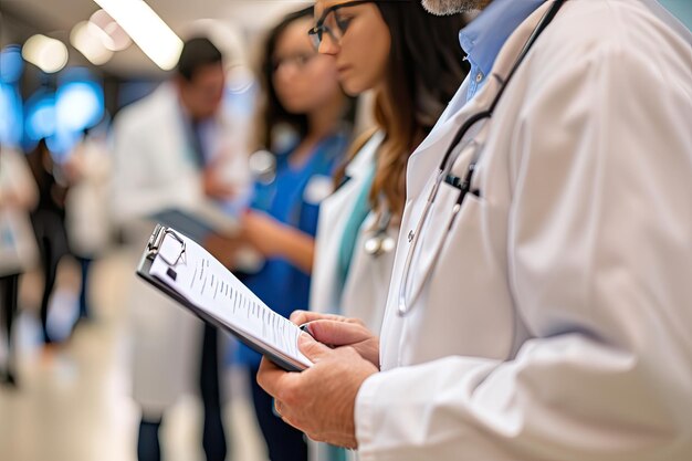 Foto profissionais médicos em uma conferência de saúde discutindo avanços uma reunião de profissionais médicos envolvendo-se em discussões sobre avanços de saúde em uma conferência