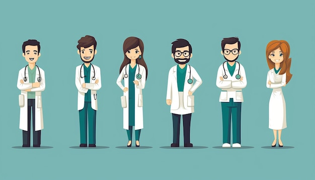 profissionais médicos ilustrações de personagens azul e verde tema fundo branco