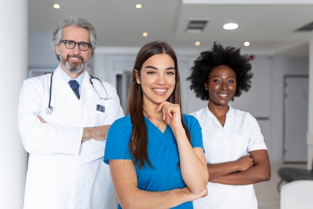 Profissionais médicos juntos. conceito de proteção à saúde. equipe bem-sucedida de médicos está olhando para a câmera e sorrindo enquanto está no hospital