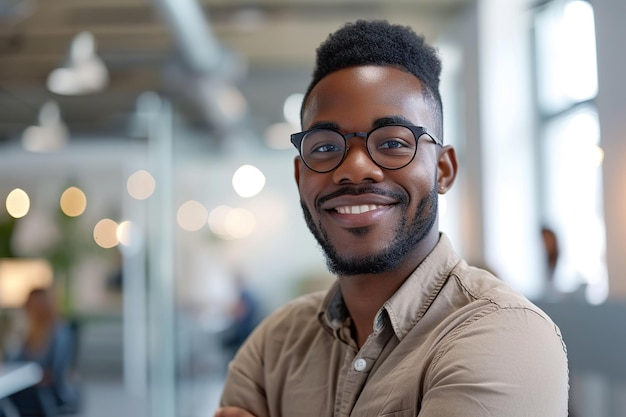 Foto profissional afro-americano confiante em ambiente de escritório sorrindo para a câmera