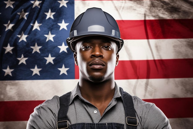 Profissional afro-americano trabalhador da construção usando capacete de segurança contra a bandeira dos EUA