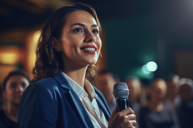 Profissional bem sucedida empresária feminina dando seminário na frente do público