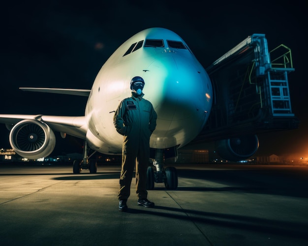 Profissional da força aérea vestindo macacão verde escuro e máscara fica na frente de um avião Piloto está pronto para o voo à noite Generative AI