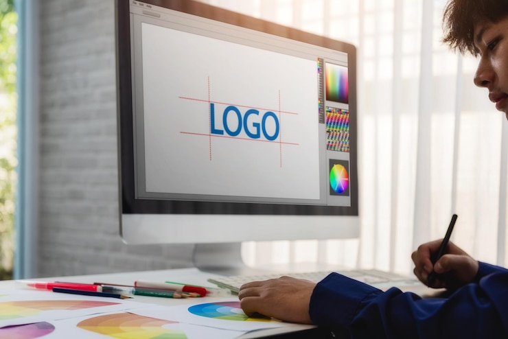 Foto profissional de design a trabalhar em mesa no escritório