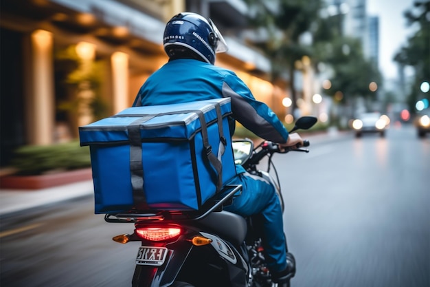 Foto profissional de entrega em velocidades uniformes azuis em uma motocicleta entregando