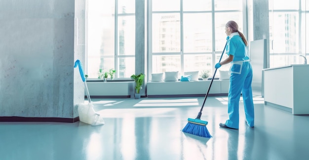 Profissional de limpeza em uniforme é exibido segurando um esfregão em um design de banner elegante