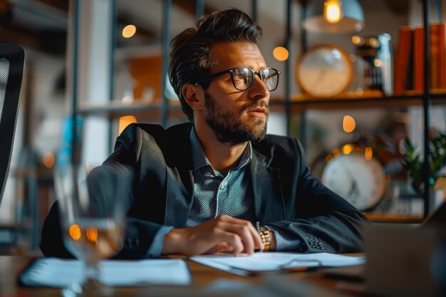 Foto profissional de negócios que trabalha num escritório com experiência em eficiência empresarial e planeamento de marketing