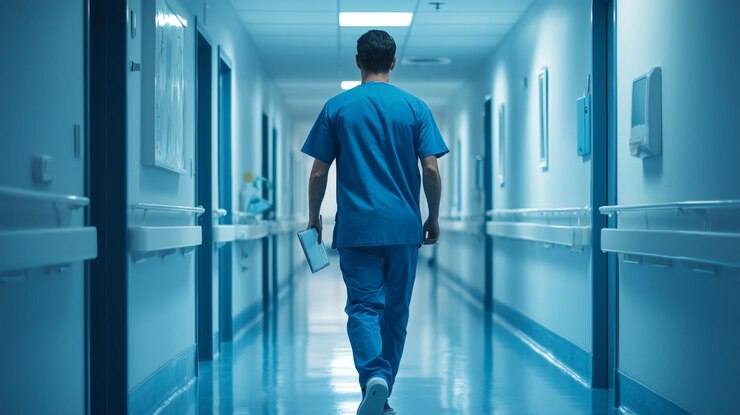 Profissional de saúde a caminhar no corredor do hospital