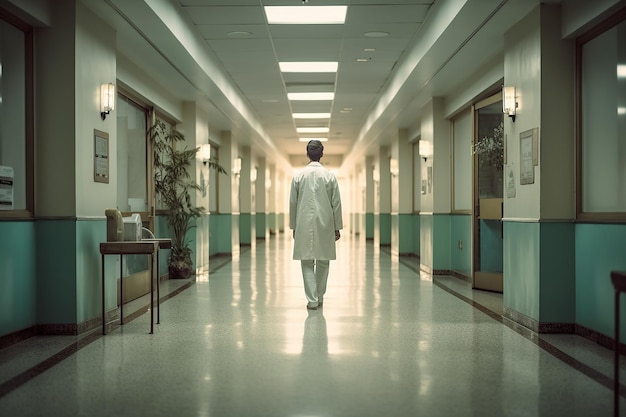 Profissional de saúde caminhando por um corredor silencioso do hospital