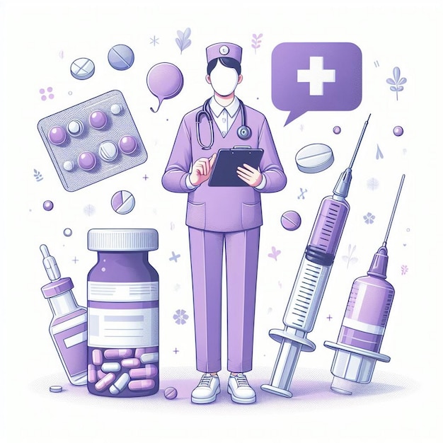 Profissional de saúde com ilustração de vacina e pílula