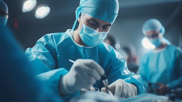 Foto profissional de saúde em uma bata cirúrgica cercada por equipamentos médicos