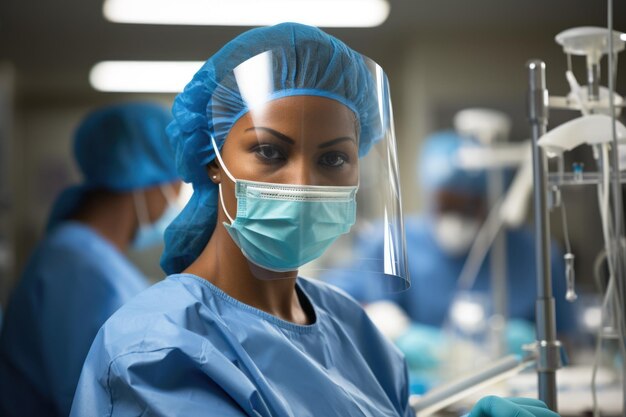 Profissional de saúde focado em uniforme azul estéril e luvas de látex examina uma seringa enfatizando a precisão em um ambiente clínico