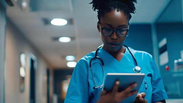 Profissional de saúde focado usando um tablet em um corredor do hospital medicina moderna e tecnologia em ação IA