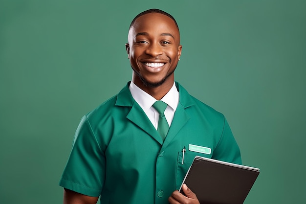 Profissional de saúde negro sorridente segurando uma pasta na mão esquerda e sorrindo