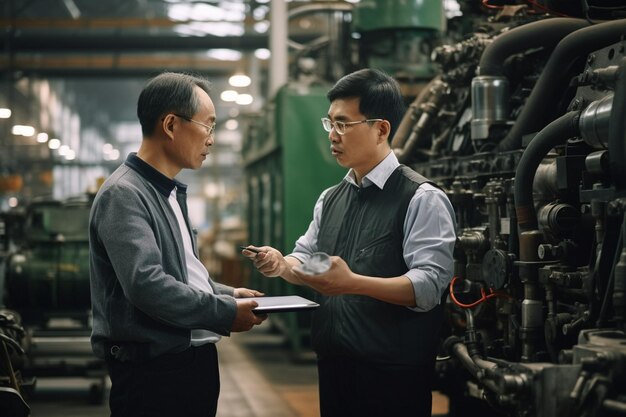 Profissional engenheiro asiático masculino discutindo em pé ao lado da máquina na fábrica