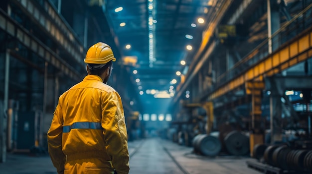 Profissional Engenheiro da Indústria Pesada Trabalhador vestindo uniforme de segurança e chapéu de segurança Sério Homem de Sucesso Especialista Industrial Caminhando em Fábrica de Fabricação de Metal Armazém