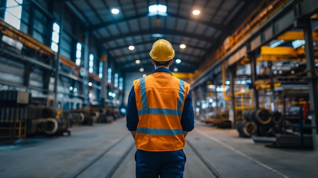 Profissional Engenheiro da Indústria Pesada Trabalhador vestindo uniforme de segurança e chapéu de segurança Sério Homem de Sucesso Especialista Industrial Caminhando em Fábrica de Fabricação de Metal Armazém