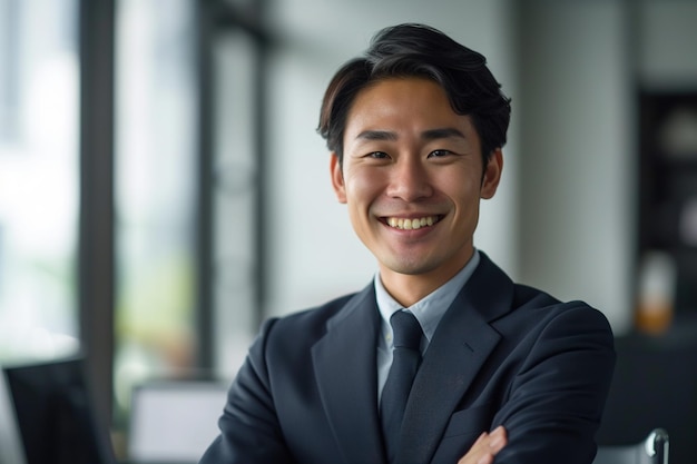 Profissional japonês confiante em um ambiente de escritório sorrindo para a câmera