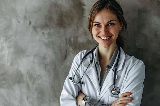 Foto profissional jovem sorridente médica com estetoscópio