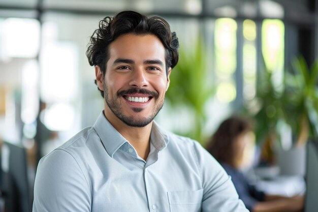 Profissional latino confiante em ambiente de escritório sorrindo para a câmera