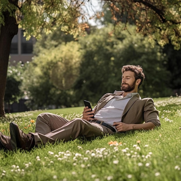Foto profissional masculino usando telefone celular enquanto deitado na grama no parque