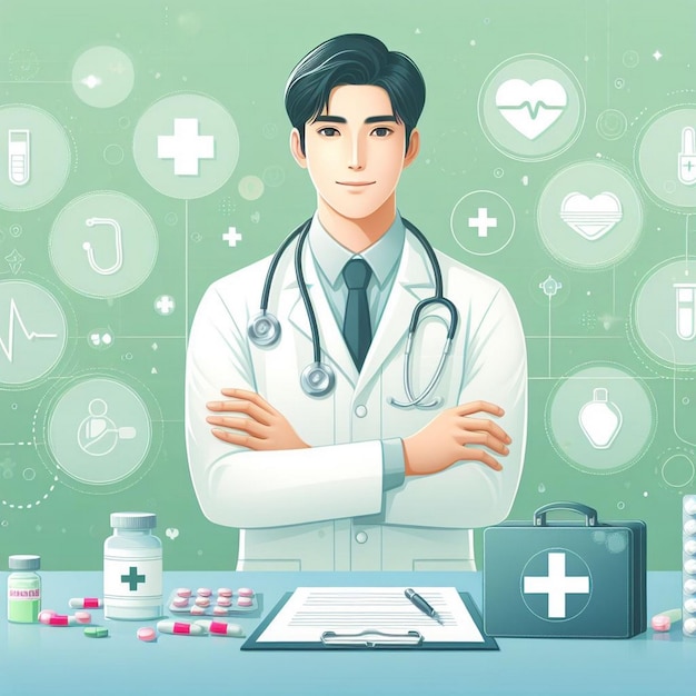 Profissional médico com imagens icônicas de cuidados de saúde Ilustração de cartaz de bandeira médica