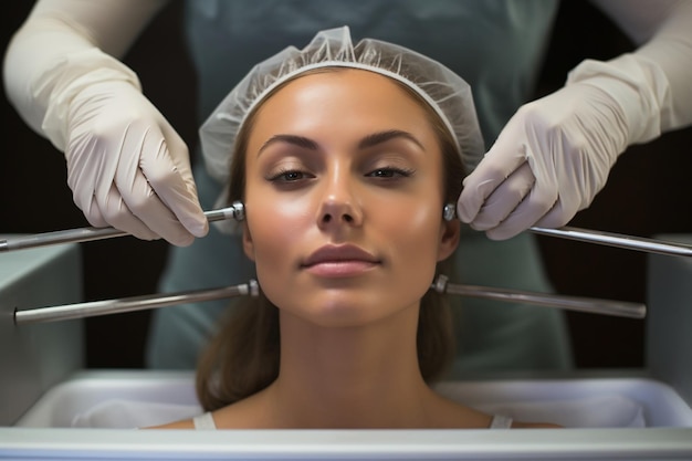 Foto profissional médico e especialista em beleza fornecendo massagem craniana para pacientes com ia generativa