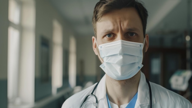 Profissional médico focado usando uma máscara em um corredor brilhante do hospital
