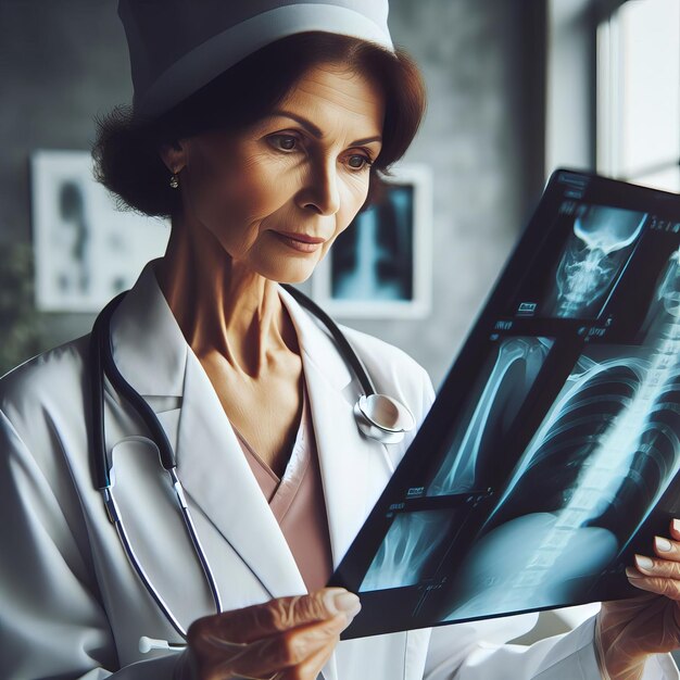 Foto profissional médico que examina a radiografia torácica de um indivíduo