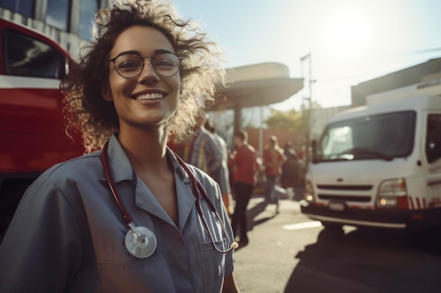 Profissional paramédico sorridente perto da ambulância