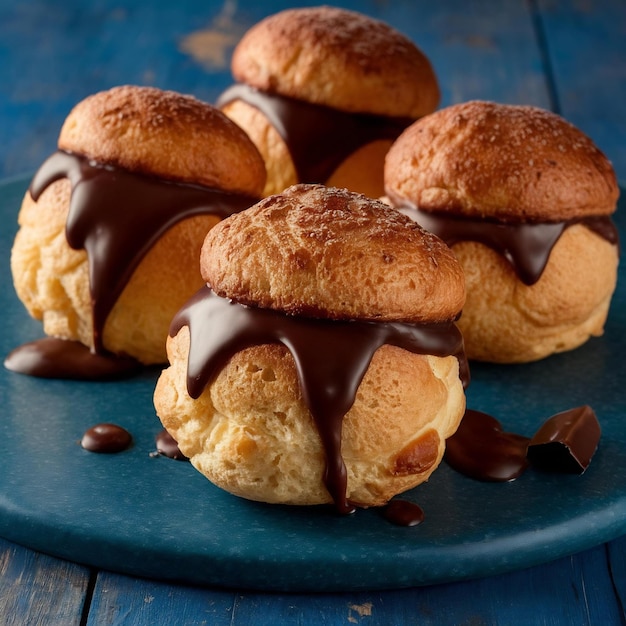 Foto profiterolas de frente com cobertura de chocolate