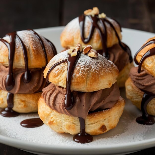 Foto profiterolas de frente com cobertura de chocolate