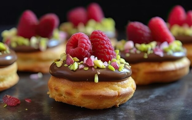 Profiterole mit Pistazien Himbeeren und Schokoladencreme auf einem Teller oben Blickwinkel