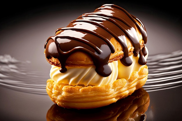 Profiteroles con natillas y glaseado de chocolate sobre superficie de vidrio