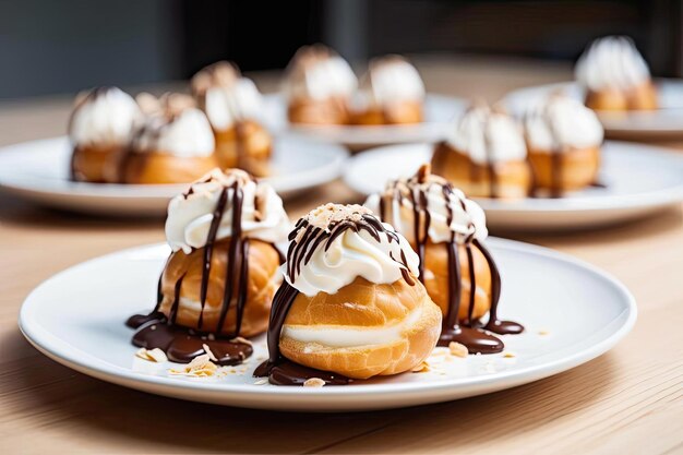 Profiteroles regados com chocolate em tons de bege