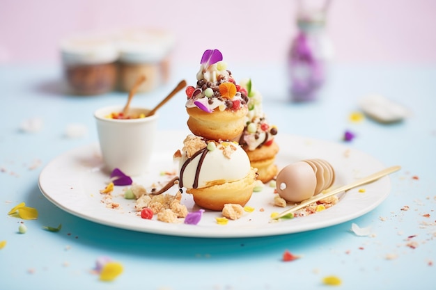 Profiterols, die mit Nüssen und Sprinkles bedeckt sind