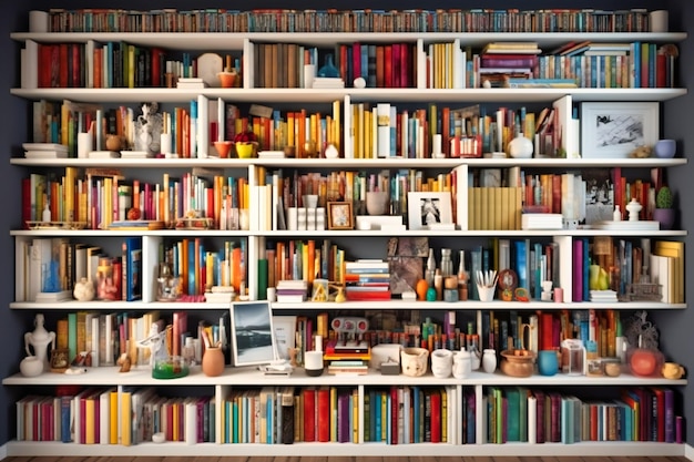 Profundidad e intriga creadas por el efecto dollyzoom en una librería de madera blanca llena de libros coloridos