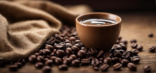 Profundidade superficial do fundo do campo de café Espresso e grãos de café em uma mesa de madeira