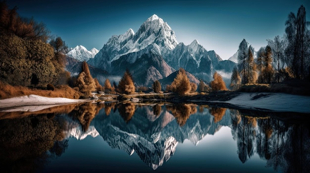 Una profusión escénica de naturaleza Montaña nevada con reflejo en un lago sereno IA generativa