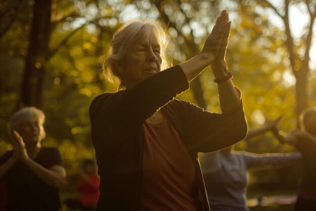 Programa de fitness ao ar livre para idosos exercícios suaves e sessões de ioga