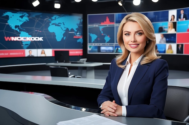 Programa de notícias em direto na TV com reportagens profissionais femininas