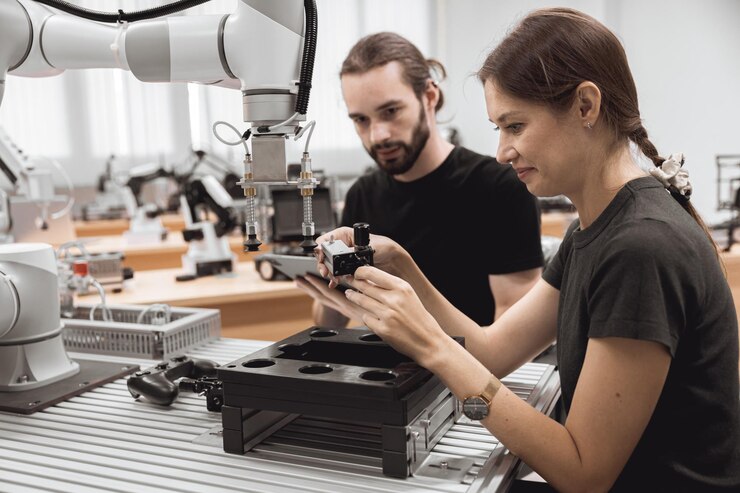 Foto programa de robótica industrial estudiantes universitarios aprenden educación ensamblaje mecánico con robot plataforma de capacitación universal modelo de simulación de brazo robótico en el laboratorio de ingeniería clase