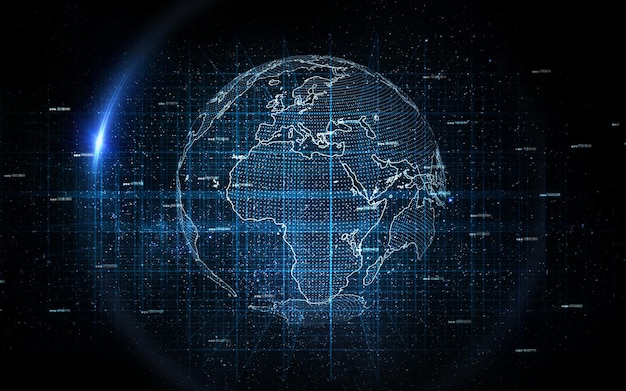 Programación de hologramas del planeta Tierra y espacio para la ciberseguridad de la red global y destellos de lentes Superposición mundial holográfica y conexión futurista para la transformación digital en tecnología abstracta