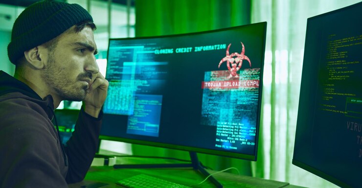 Foto programación de pantalla de computadora o robo de identidad con un hacker por estafa de phishing o fraude financiero tablero confuso y persona criminal pensando o leyendo información o contraseña para obtener crédito en la pc