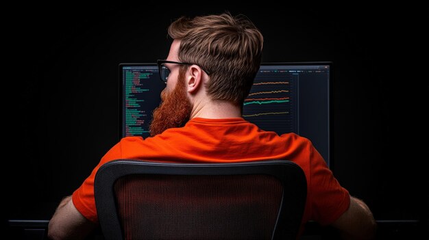Programación de personas en computadoras con pantallas de codificación en un entorno oscuro