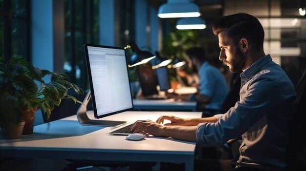 Foto programador adulto jovem digitando no computador no escritório