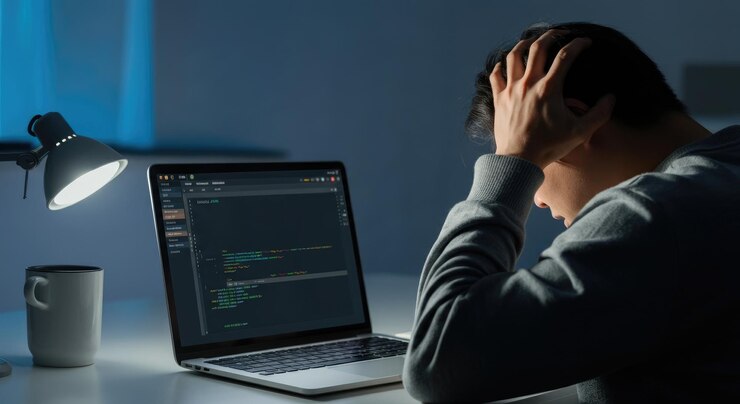 Foto programador asiático frustrado trabajando hasta tarde en la computadora