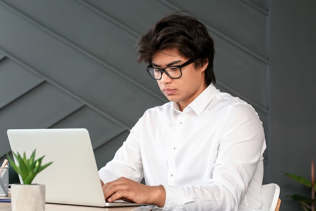Programador asiático trabajando en un portátil en la oficina