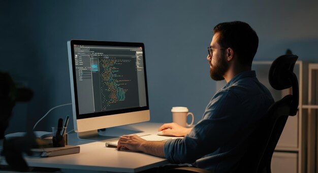 Programador caucásico codificando en una computadora de escritorio en una oficina con poca luz
